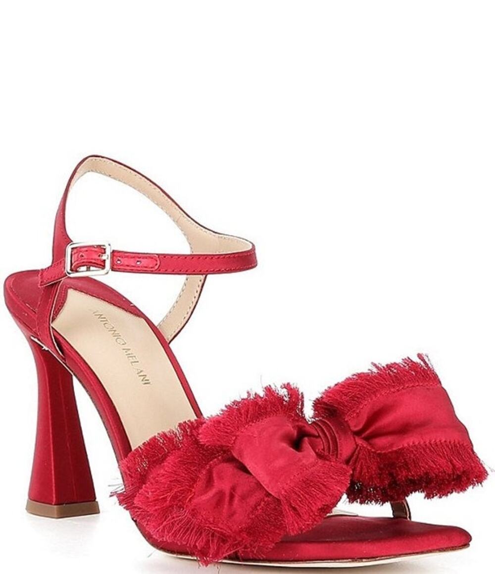 Antonio Melani Zora Satin Frayed Bow Dress Sandals Garnet Red Size 8.5 New